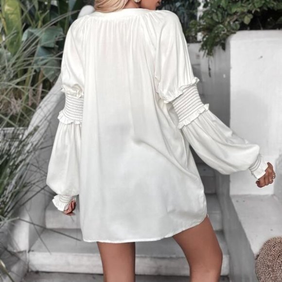 Shirred Lantern Sleeve  Lace Up Front Blouse - Picture 6 of 6